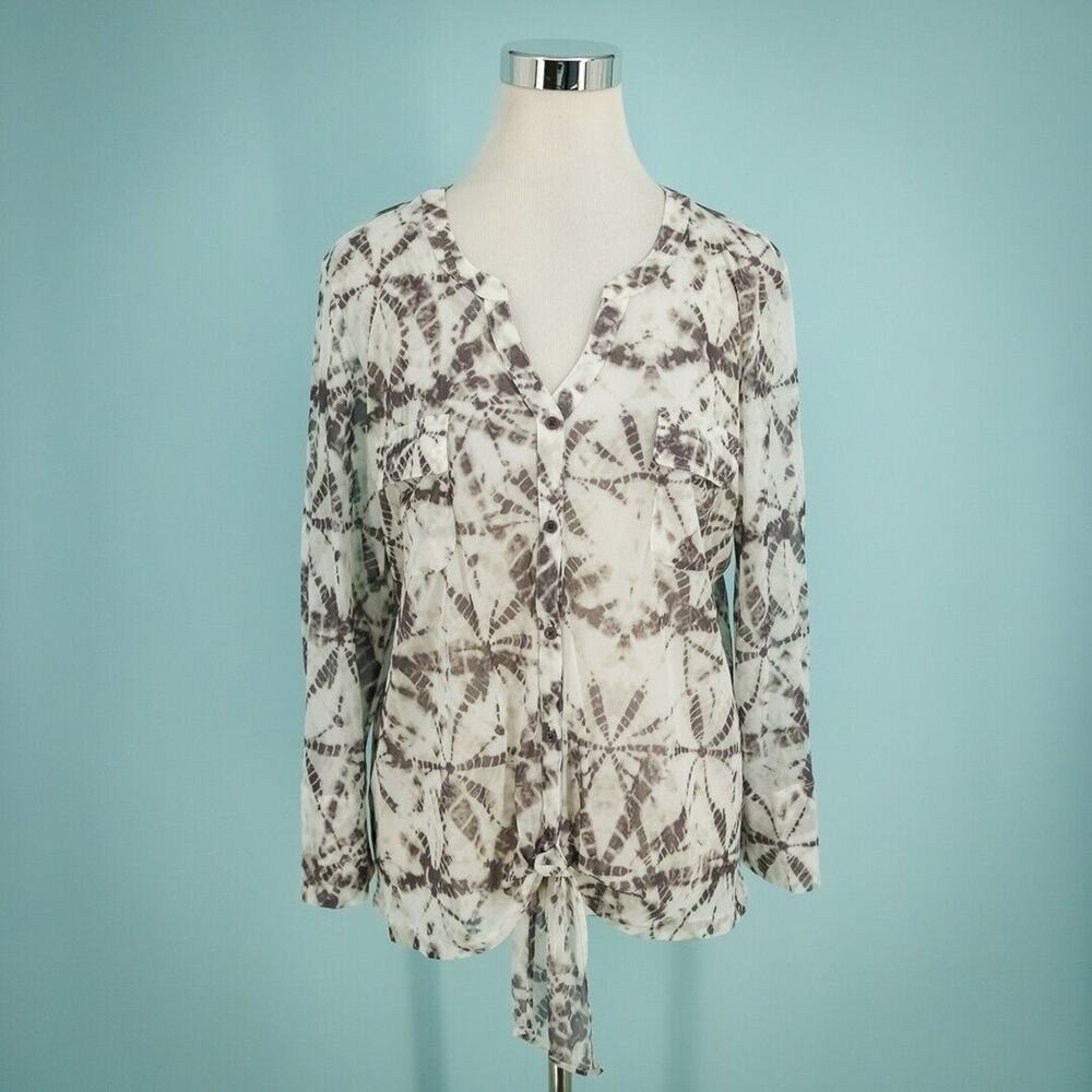 Chico's 3 Size XL Tie Dye Print Button V Neck Long Sleeve Tie Hem Mesh Top